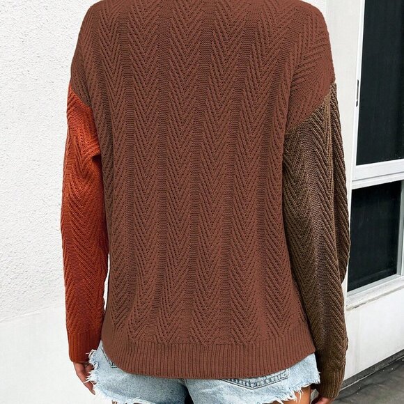Brown Casual Women's Half Button Contrast Color Knit Textured Pullover Sweater - Picture 2 of 5